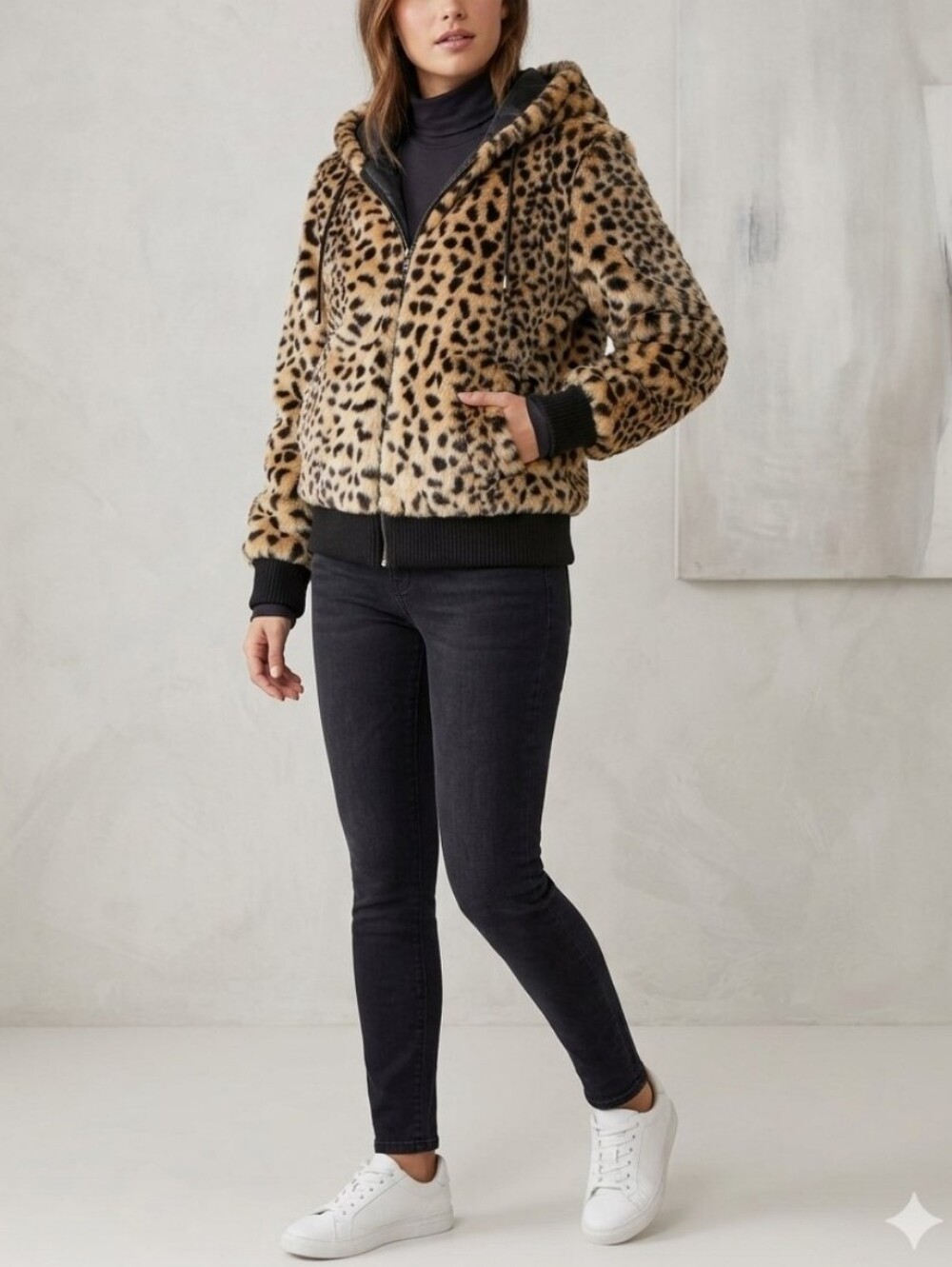 American Rag Leopard Faux Fur Hooded Bomber Jacket Y2K Streetwear, Indie Sleaze